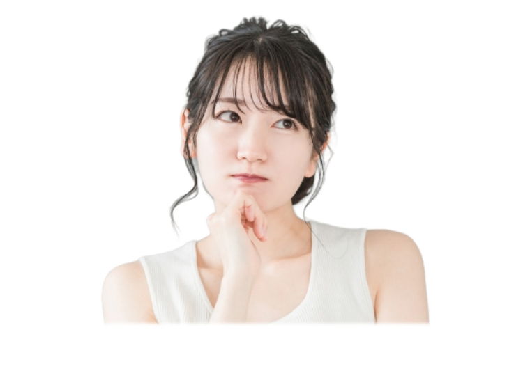 あごに指を当てて悩んでいる表情で白いノースリーブを着た若い女性